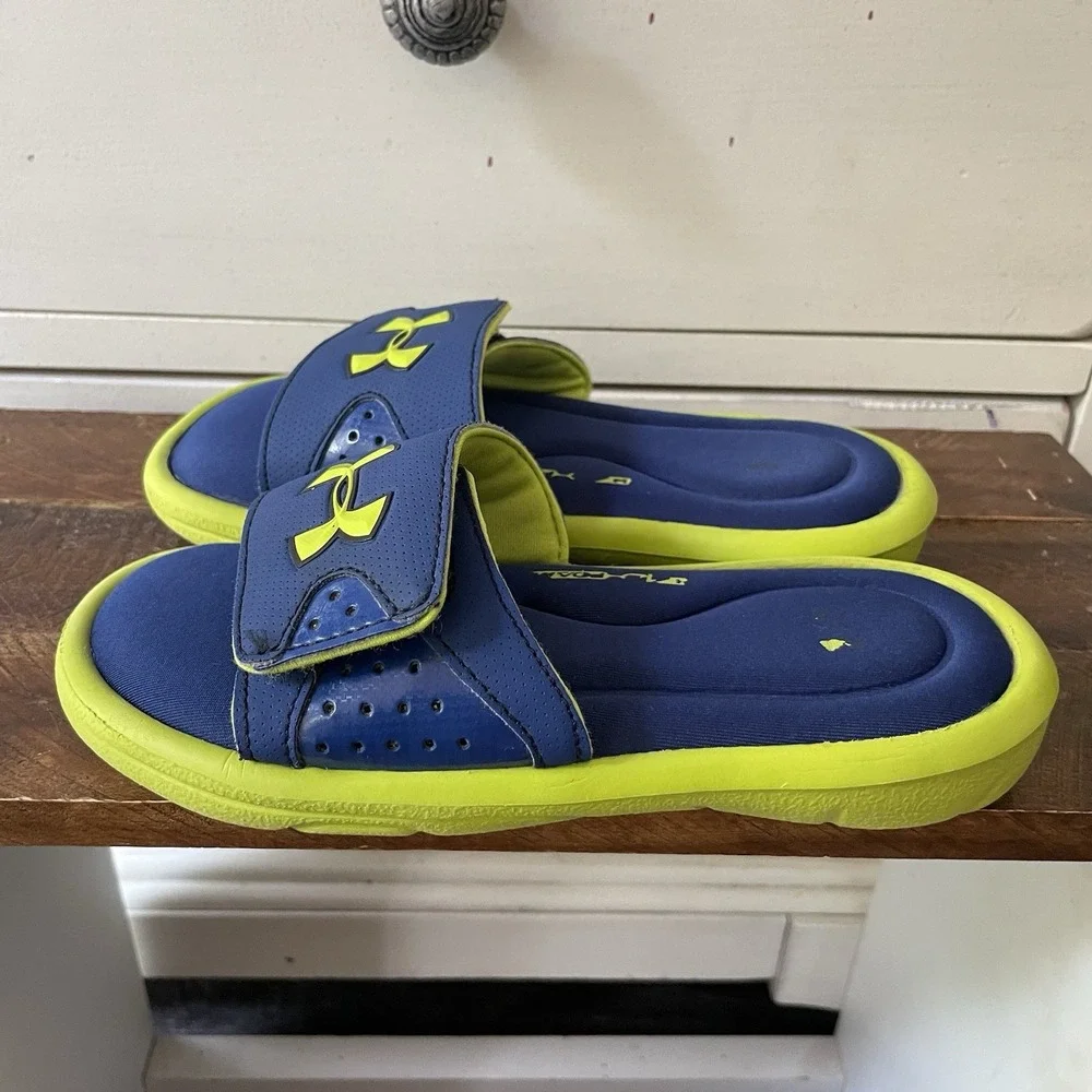 Under Armour Kids UA Blue Green Slip On Slides Sandals Size US 1Y Summer‎